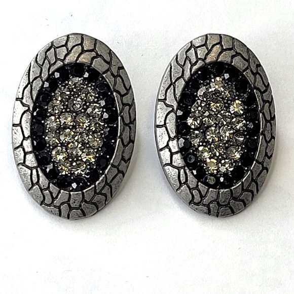 Grey and Black Oval Earrings with Rhinestones - Picture 1 of 10